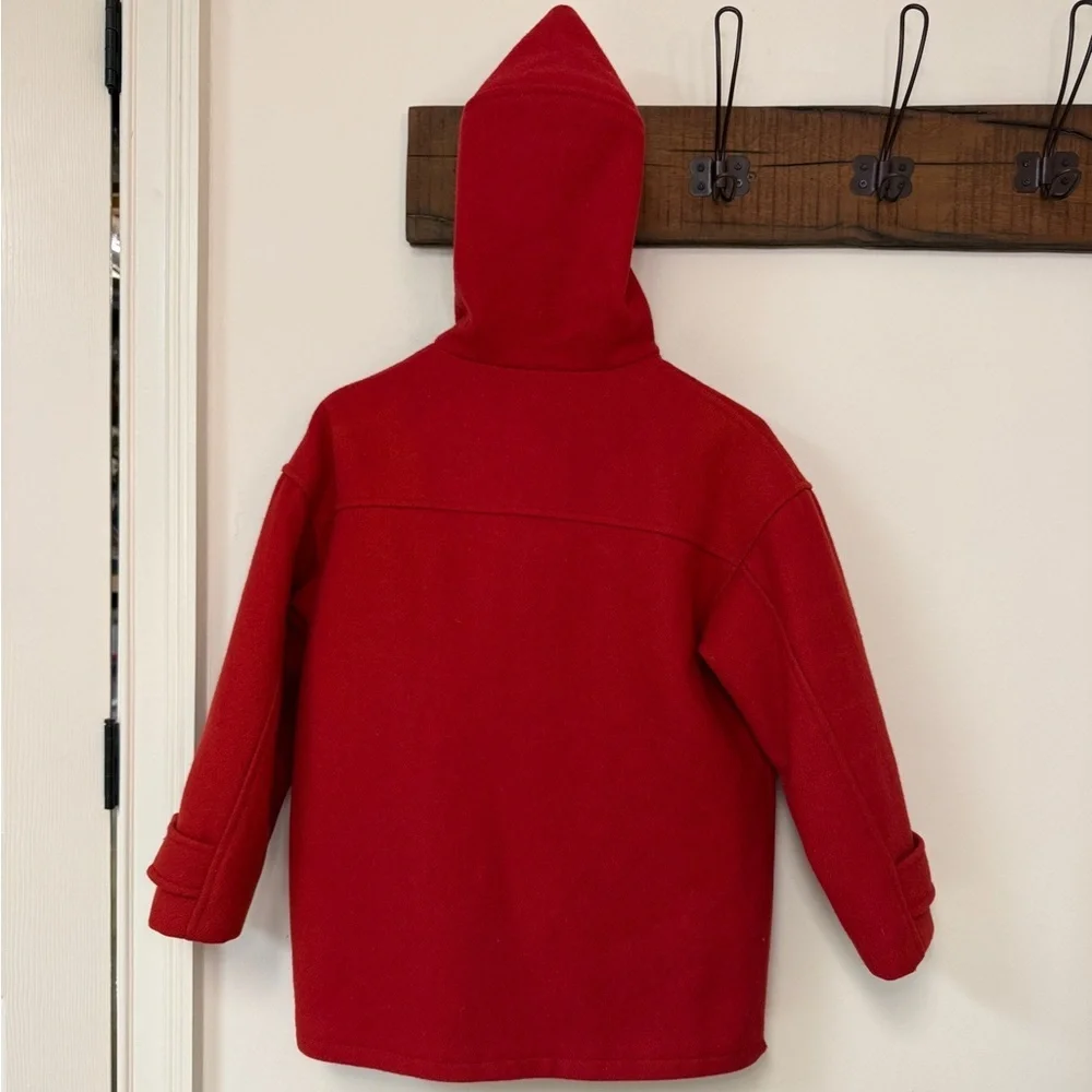 Petit Poids: Girls Red Wool Pea Coat with Floral Embroidery, Size 12